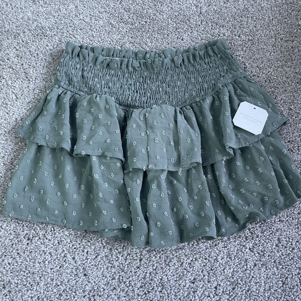 Altar'd State Skort Womens Small Green Polka Dot Ruffle Tiered Mini Chiffon
